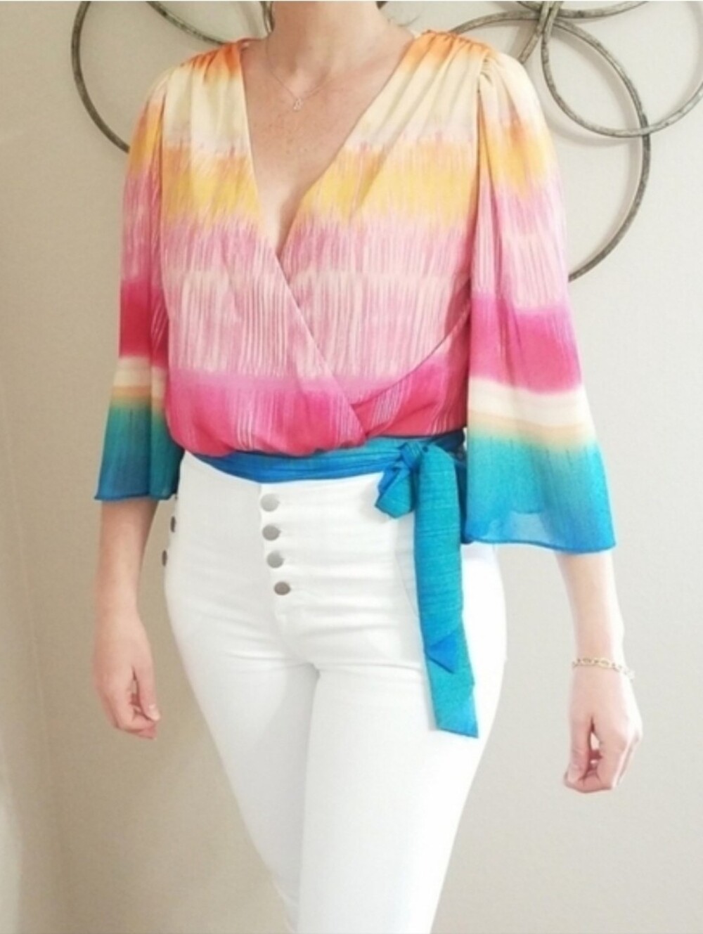 Jealoys Tomato Vibrant Multi-Color Wrap Top with Tie Waist - Picture 10 of 10